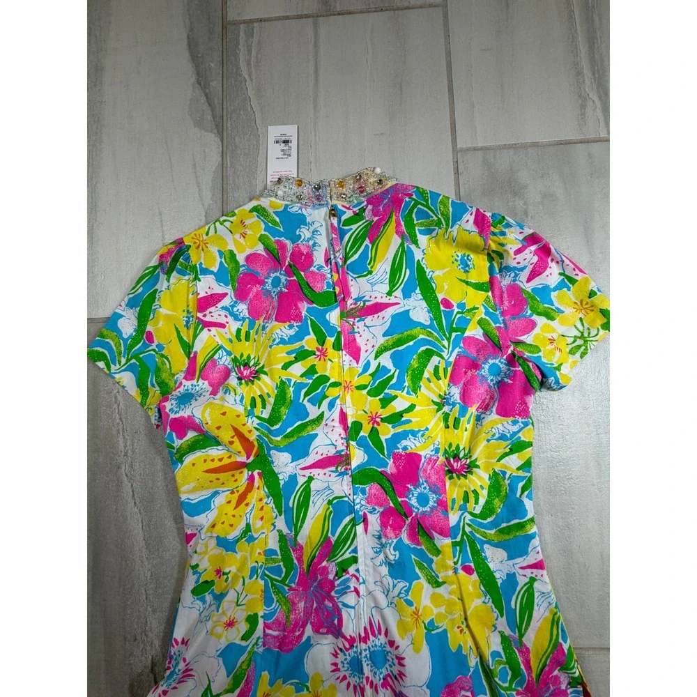 Lilly Pulitzer Floral Beaded Maxi Dress Pink Yellow Blue Short Sleeve Size 6